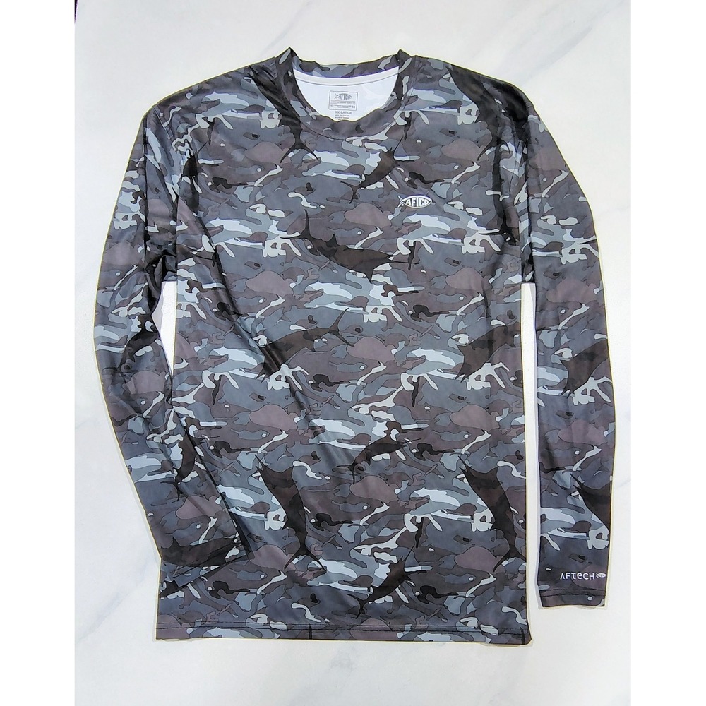 AFTCO Performance AFTECH Fishing Shirt Long Sleeve Men's 2XL Camo Fish Print